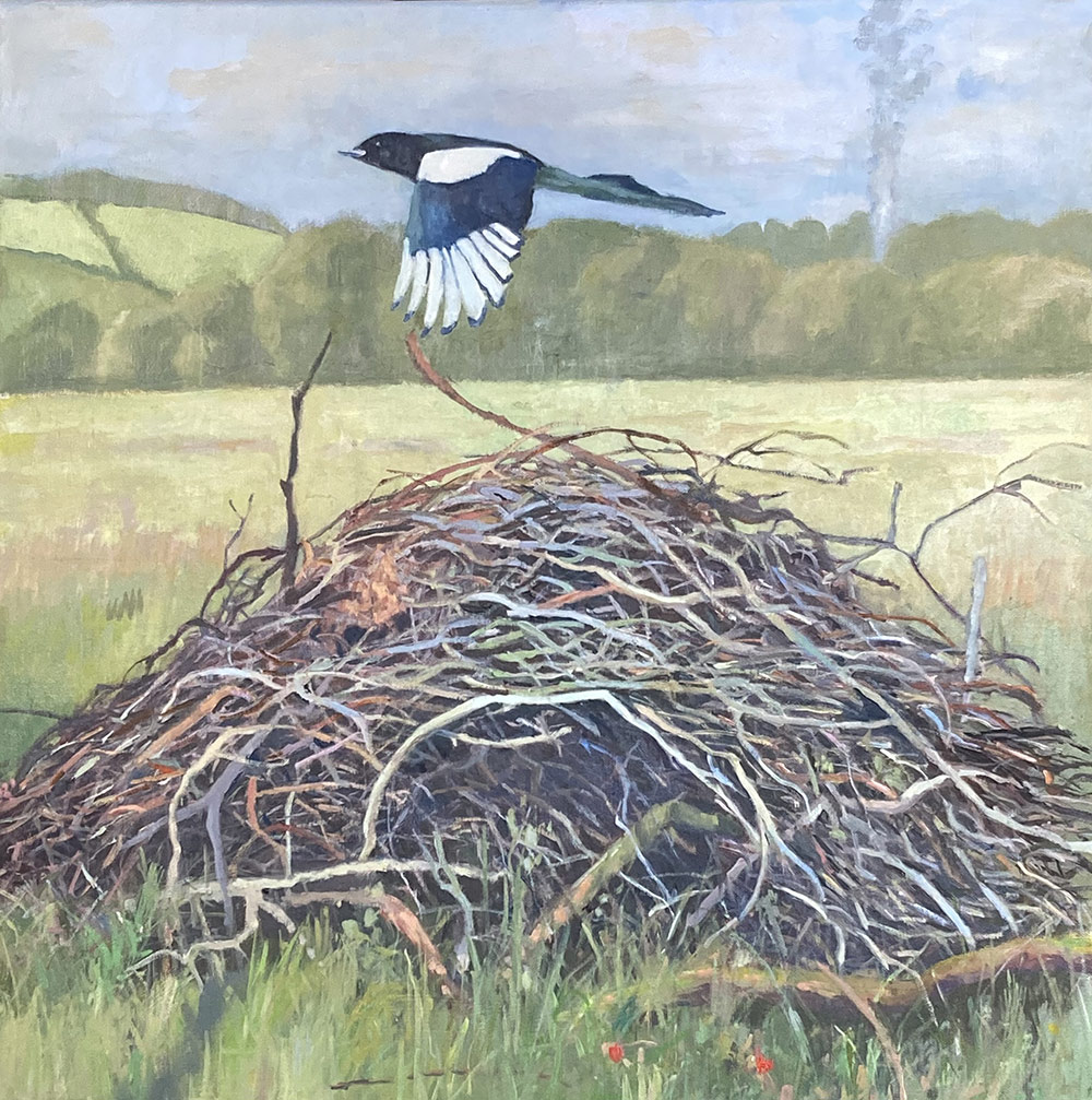 WOODPILE AND MAGPIE 63X63 Framed